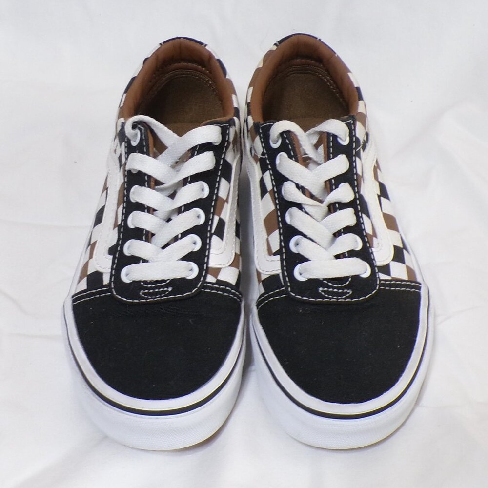 VAN'S " WARD " POP BROWN /BLACK CHECKER BOARD YOUTH LACE UP SKATE SHOES SNEAKERS